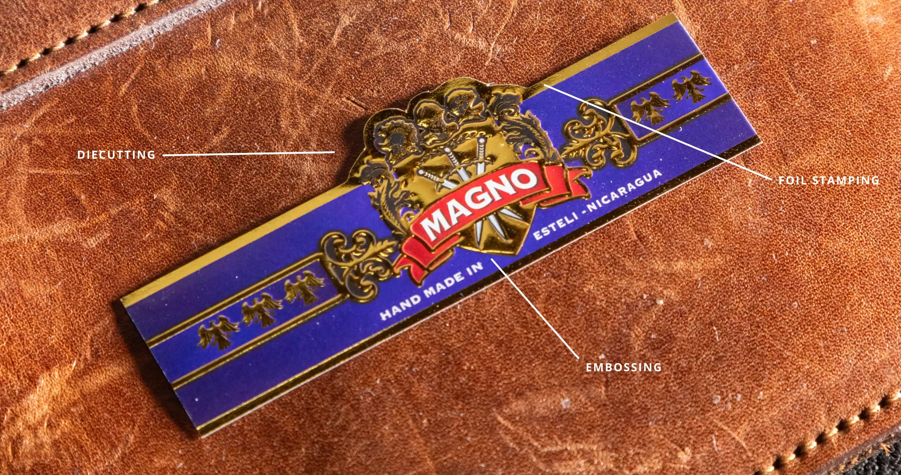 close-up of a blue and gold label reading "MAGNO" on a textured brown leather background, with design details labeled.