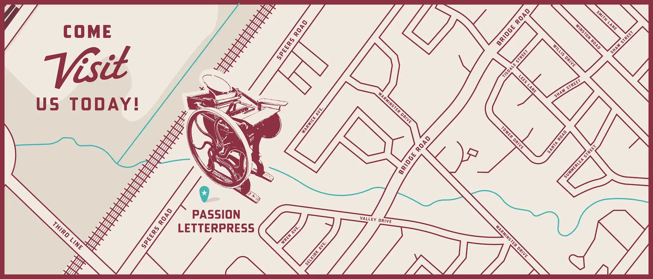 map featuring "Passion Letterpress" with a vintage printing press illustration and directions highlighted.